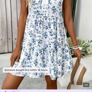 SHEIN White Mini Dress with Blue Floral Print Tiered Skirt